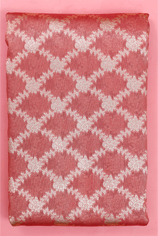 Peach Tissue Silk Fabric with Criss-Cross Jaal Pattern