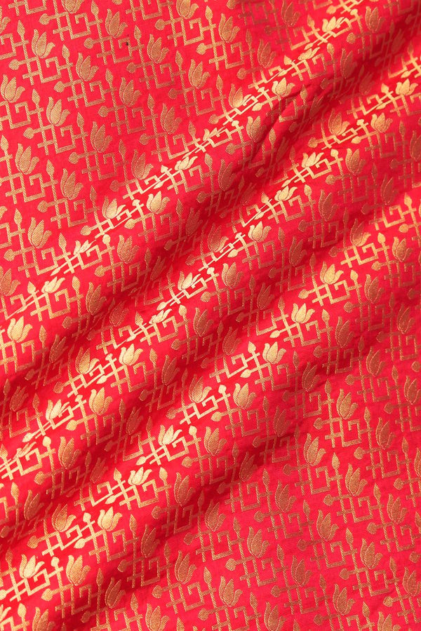 Rani Pink Handloom Katan Silk Fabric with Geometrical Lotus Motifs