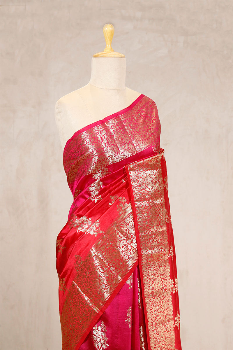 Reddish Pink Banarasi Chiniya Silk Saree Meenakari Motifs