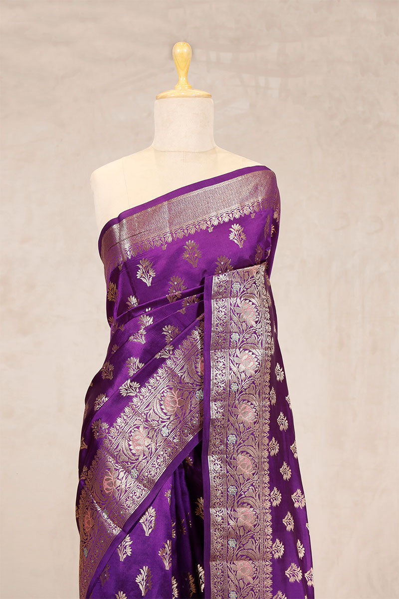 Purple Banarasi Chiniya Silk Saree Meenakari Motifs