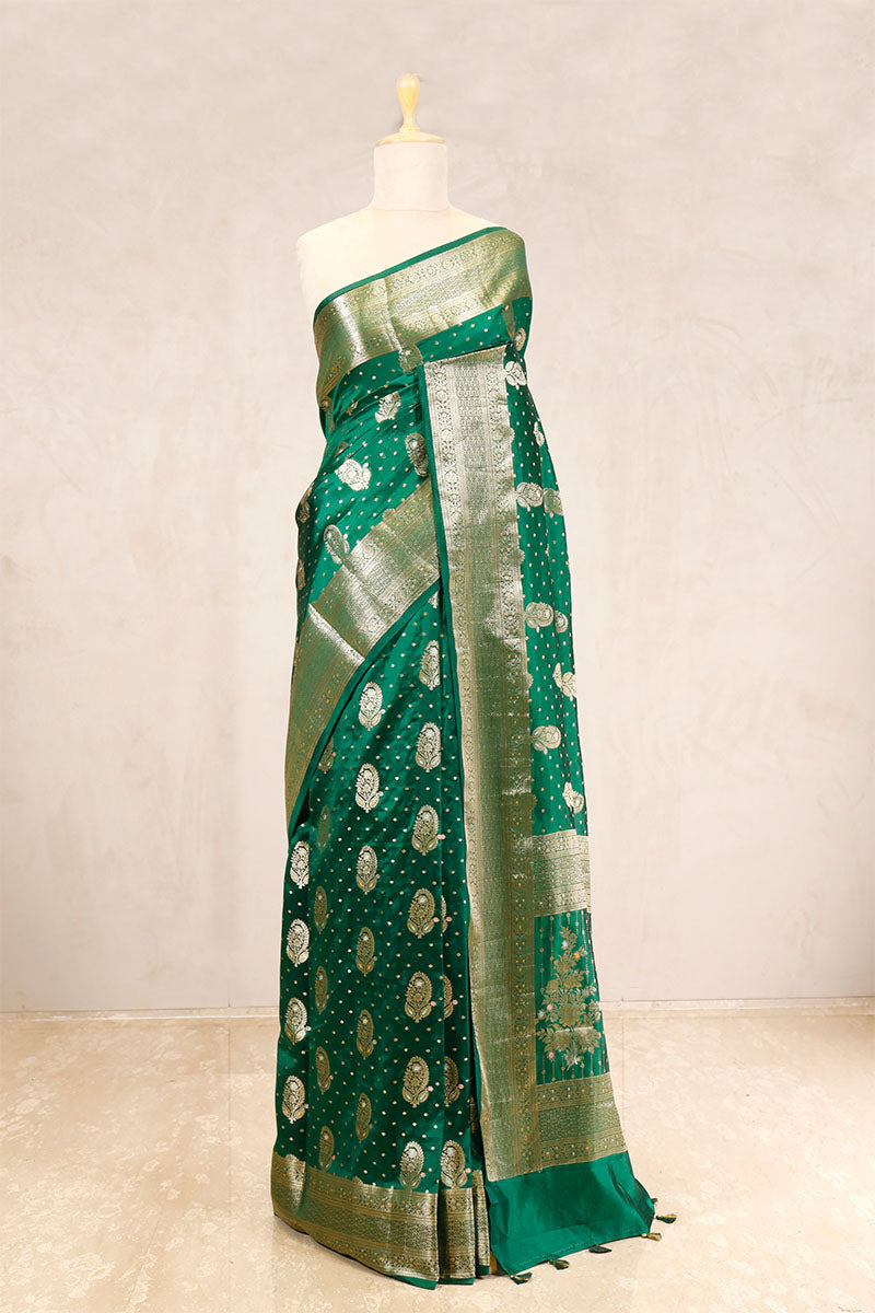 Sapphire Green Banarasi Chiniya Silk Saree Meenakari Motifs