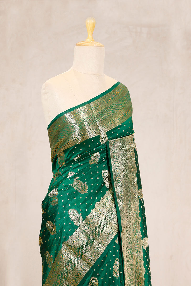 Sapphire Green Banarasi Chiniya Silk Saree Meenakari Motifs