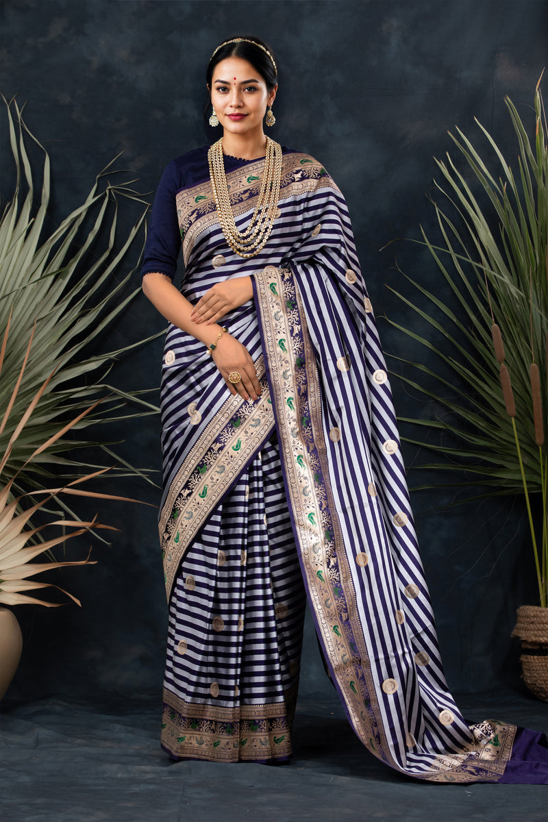 Navy Blue Handloom Satin Silk Banarasi Saree