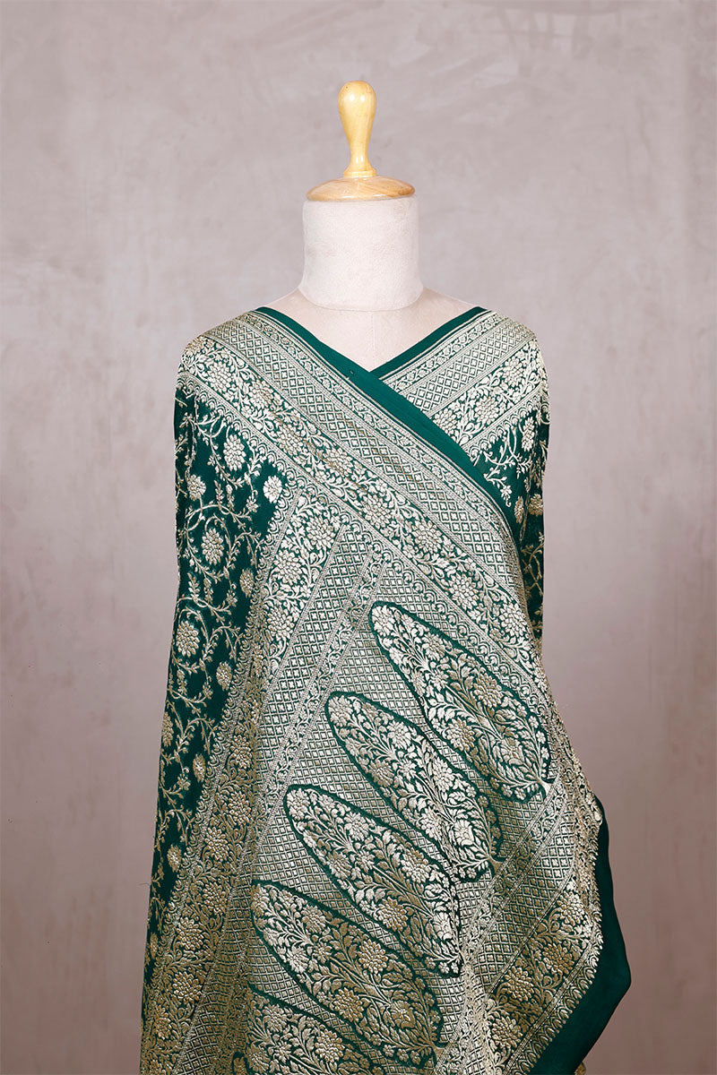 Bottle Green Georgette Khaddi Saree with Jangla Floral Work