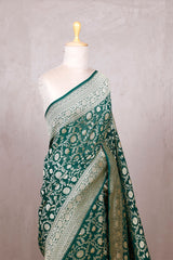 Bottle Green Georgette Khaddi Saree with Jangla Floral Work