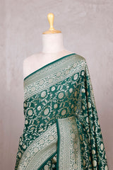 Bottle Green Georgette Khaddi Saree with Jangla Floral Work