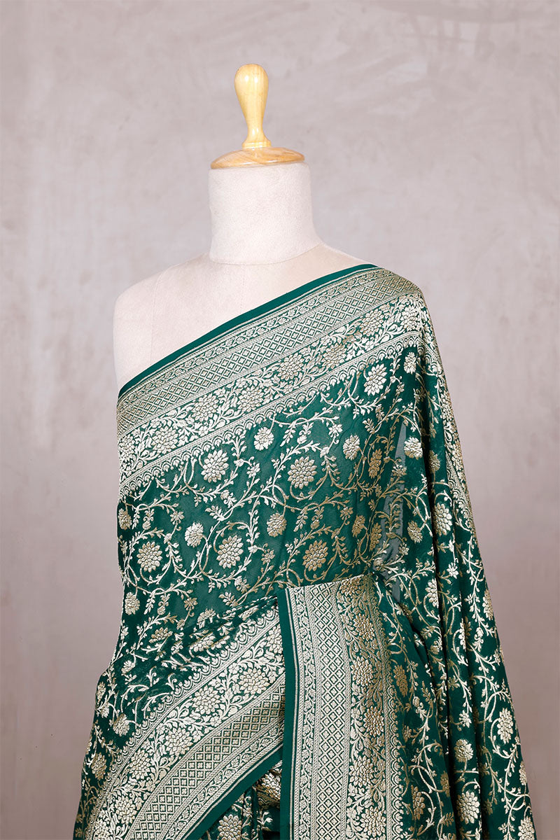 Bottle Green Georgette Khaddi Saree with Jangla Floral Work