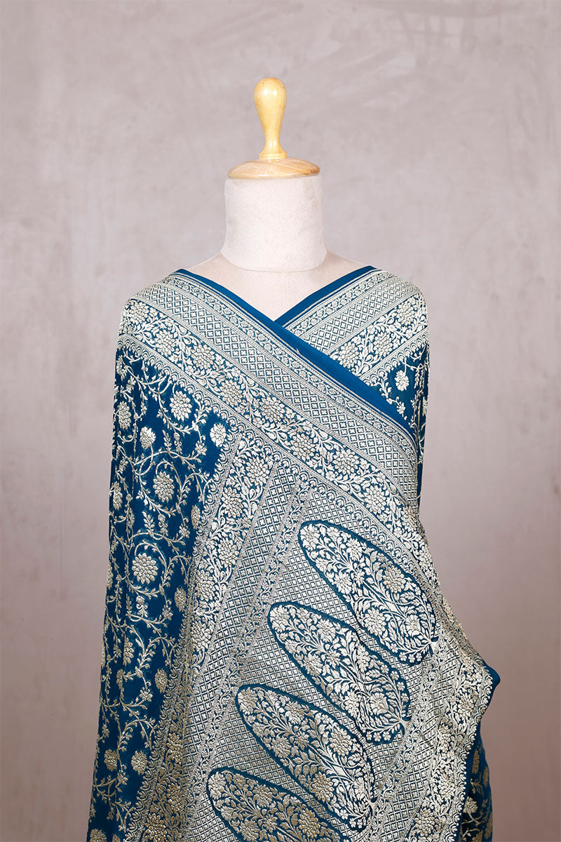 Teal Blue Georgette Khaddi Saree with Jangla Floral Work