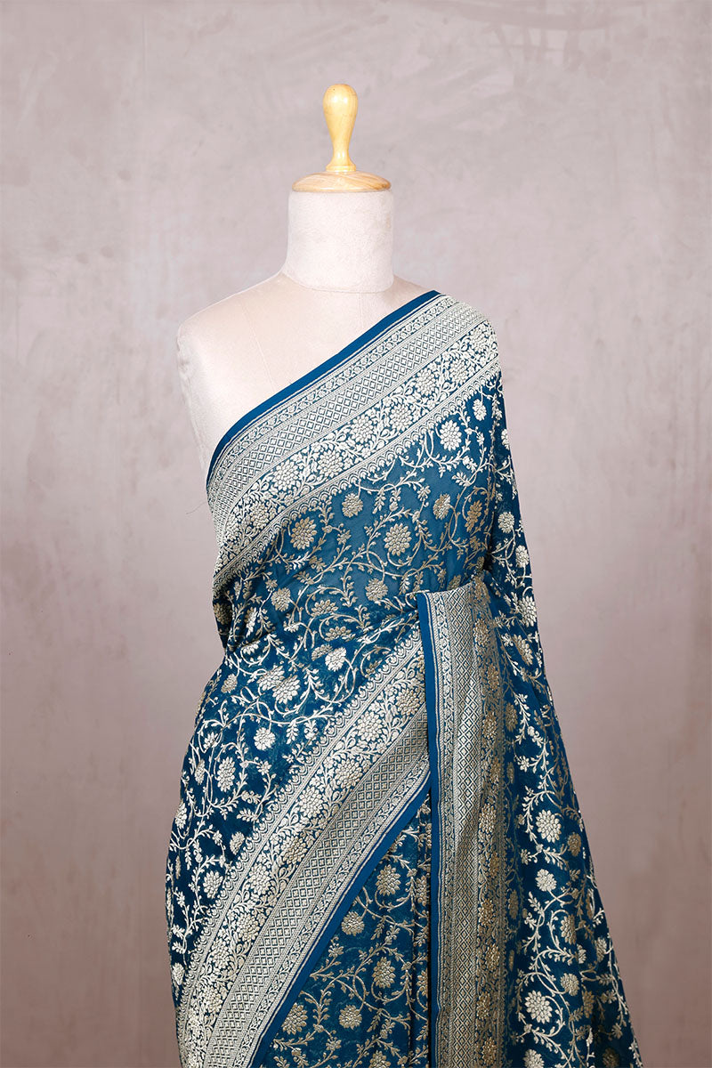 Teal Blue Georgette Khaddi Saree with Jangla Floral Work