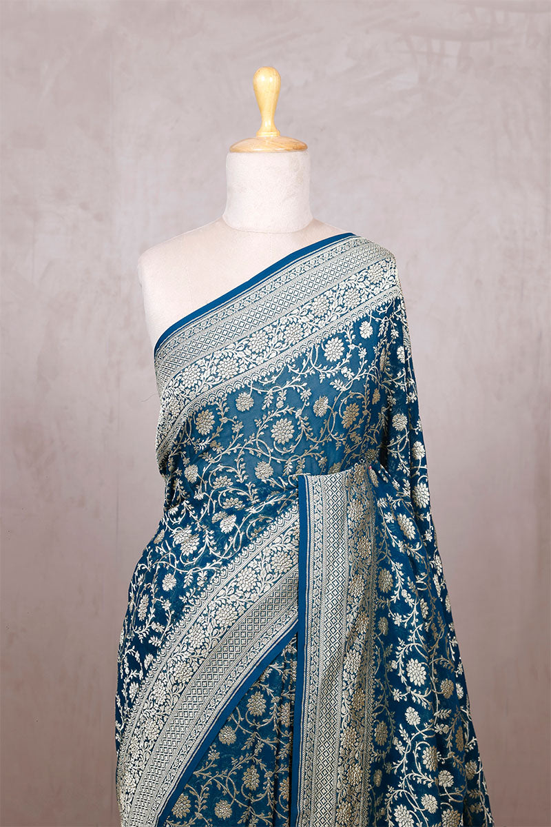 Teal Blue Georgette Khaddi Saree with Jangla Floral Work