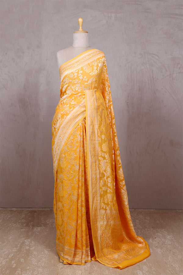 Yellow saree, Georgette saree, khaddi saree, Banarasi saree, party wear, wedding Saree