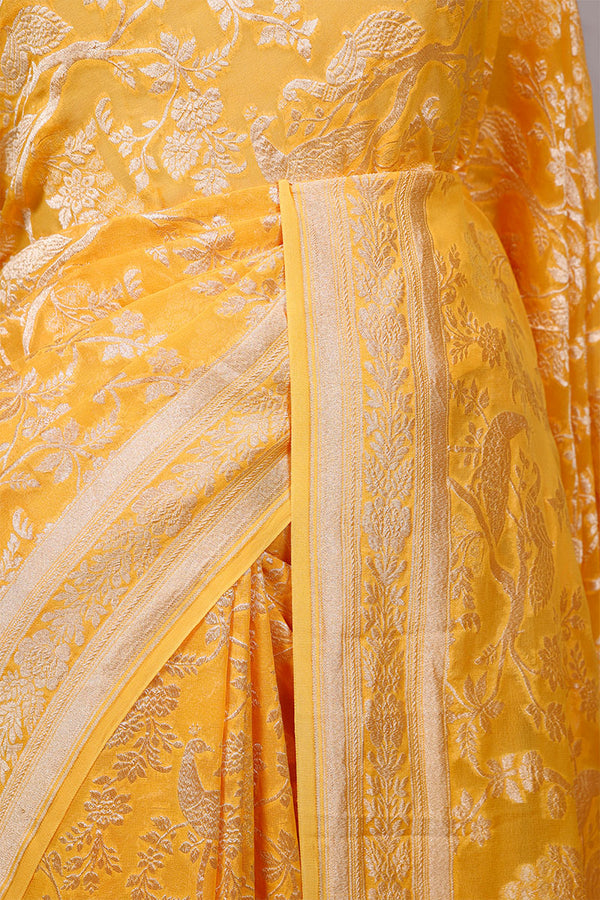 Yellow Georgette Khaddi Saree with Peacock Floral Work