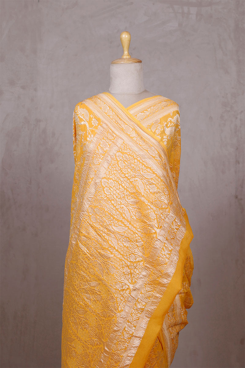 Yellow Georgette Khaddi Saree with Peacock Floral Work