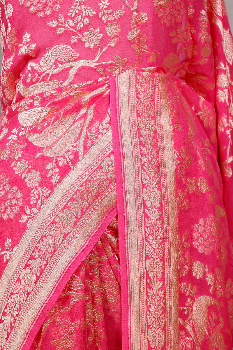 Rose Pink Georgette Khaddi Saree with Peacock Floral Work