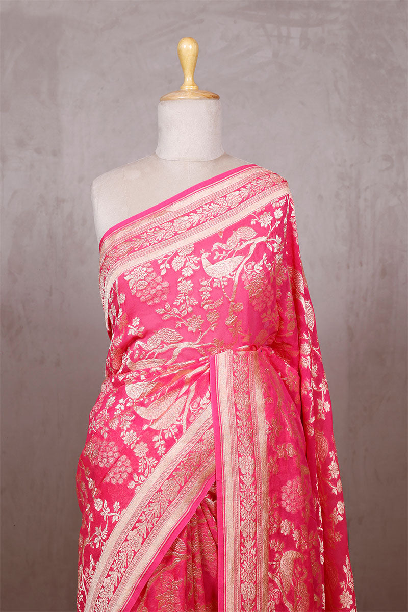 Rose Pink Georgette Khaddi Saree with Peacock Floral Work