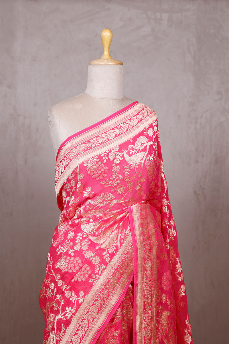 Rose Pink Georgette Khaddi Saree with Peacock Floral Work