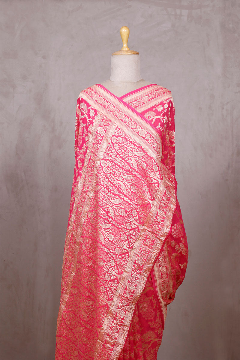 Rose Pink Georgette Khaddi Saree with Peacock Floral Work