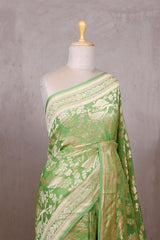 Pistachio Green Georgette Khaddi Saree with Peacock Floral Work