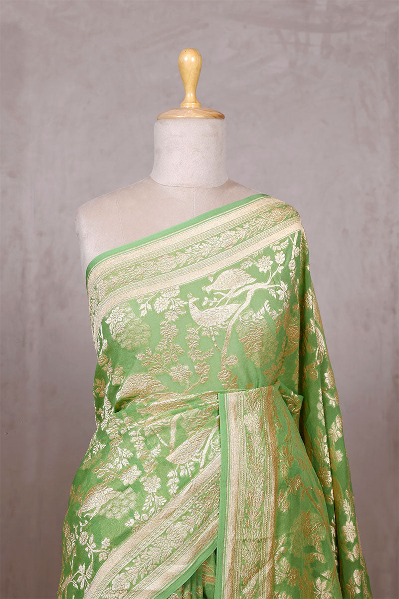 Pistachio Green Georgette Khaddi Saree with Peacock Floral Work