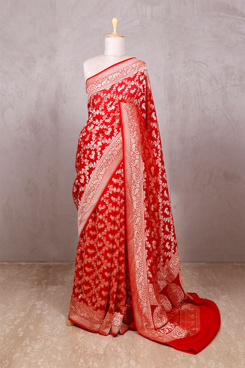  Red saree, Georgette saree, khaddi saree, Banarasi saree, party wear, wedding Saree