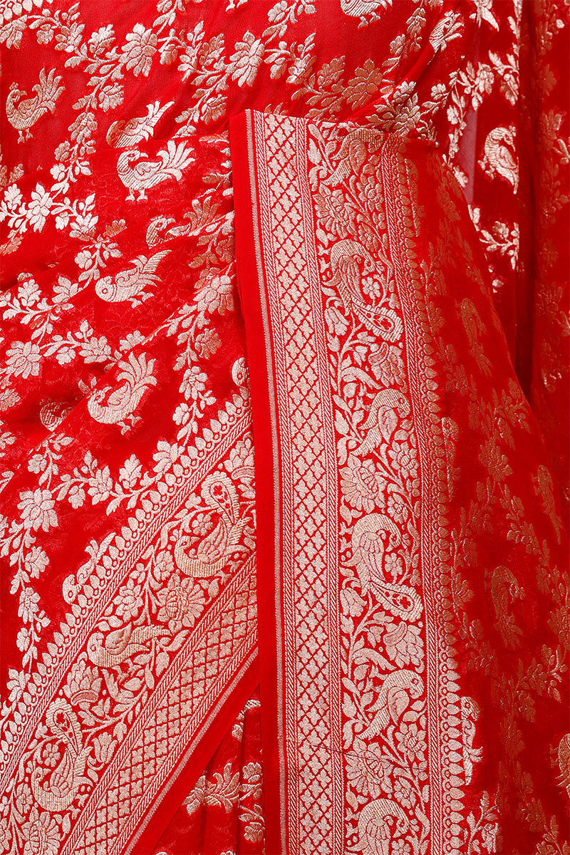 Red Georgette Khaddi Saree with Mayur Floral Work