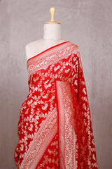 Red Georgette Khaddi Saree with Mayur Floral Work