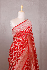 Red Georgette Khaddi Saree with Mayur Floral Work