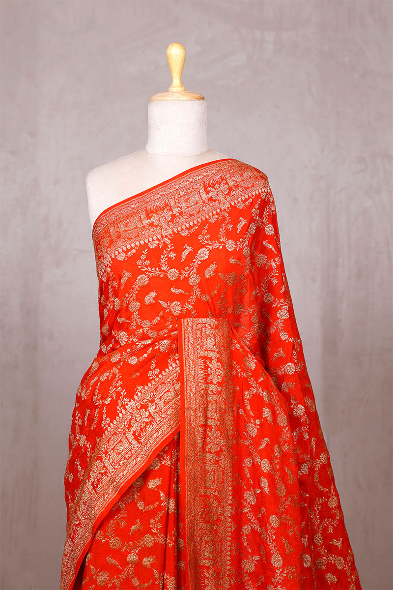 Deep Orange Crepe Khaddi Banarasi Saree with Floral Jaal Work