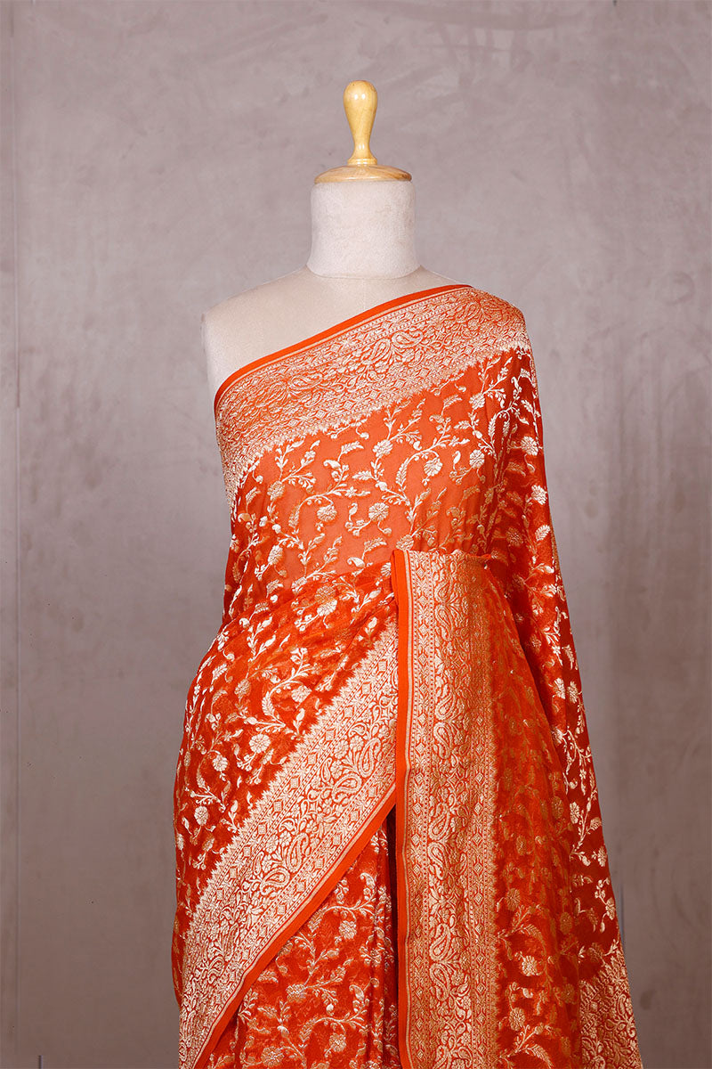 Orange Georgette Khaddi Saree with Mayur Floral Work