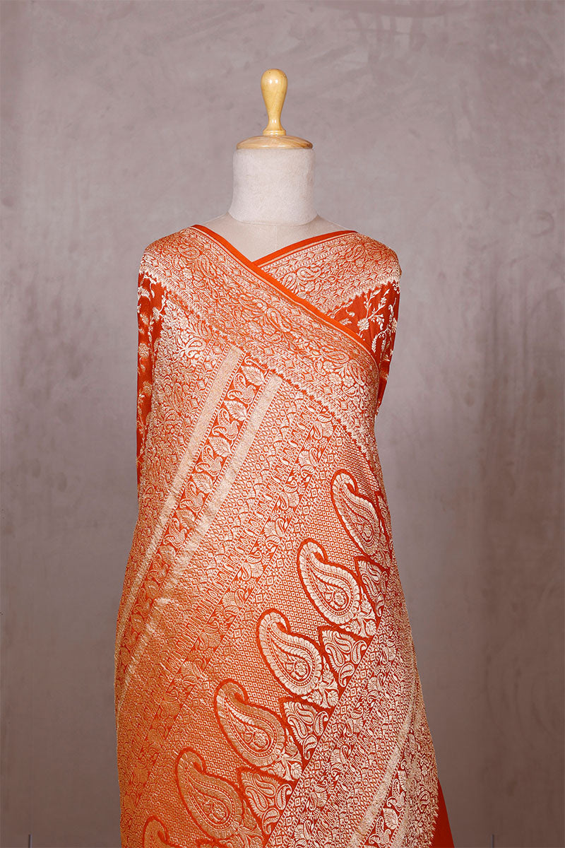 Orange Georgette Khaddi Saree with Mayur Floral Work