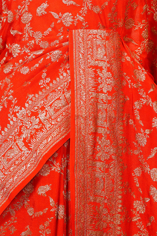 Deep Orange Crepe Khaddi Banarasi Saree with Floral Jaal Work