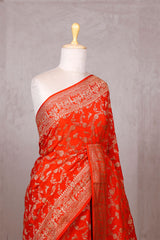 Deep Orange Crepe Khaddi Banarasi Saree with Floral Jaal Work