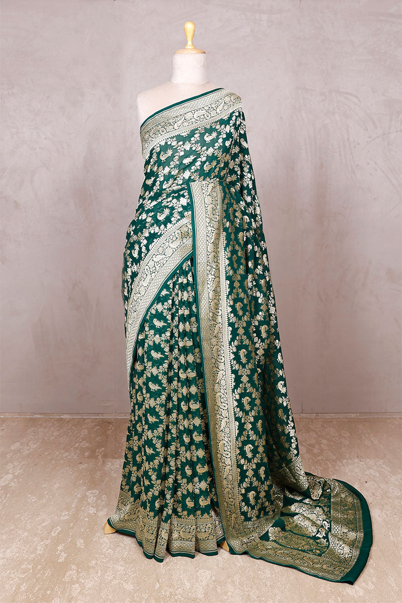 Bottle Green Saree, Georgette saree, khaddi saree, Banarasi saree, party wear, wedding Saree