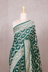 Bottle Green Georgette Khaddi Saree with Mayur Floral Work