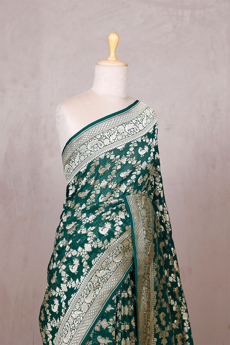 Bottle Green Georgette Khaddi Saree with Mayur Floral Work