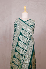 Bottle Green Georgette Khaddi Saree with Mayur Floral Work