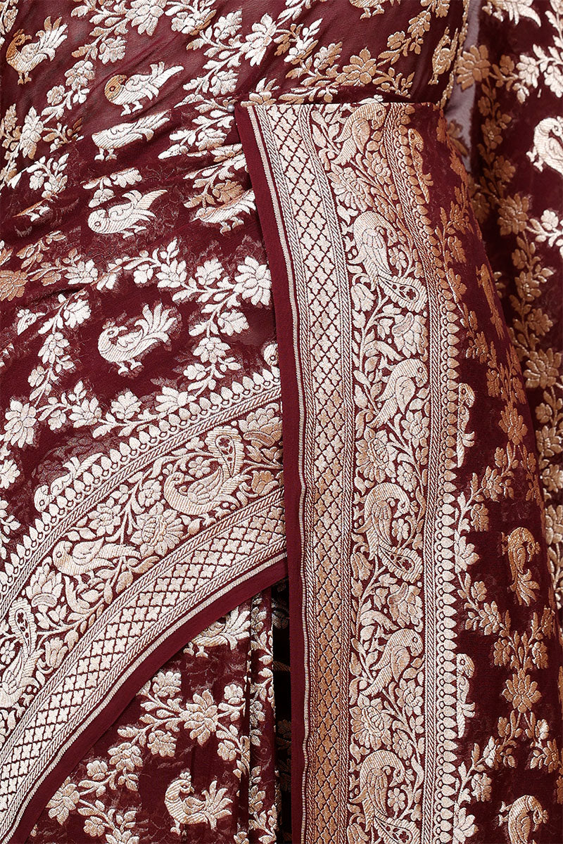 Coffee Brown Georgette Khaddi Saree with Mayur Floral Work