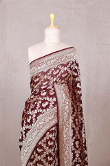 Coffee Brown Georgette Khaddi Saree with Mayur Floral Work