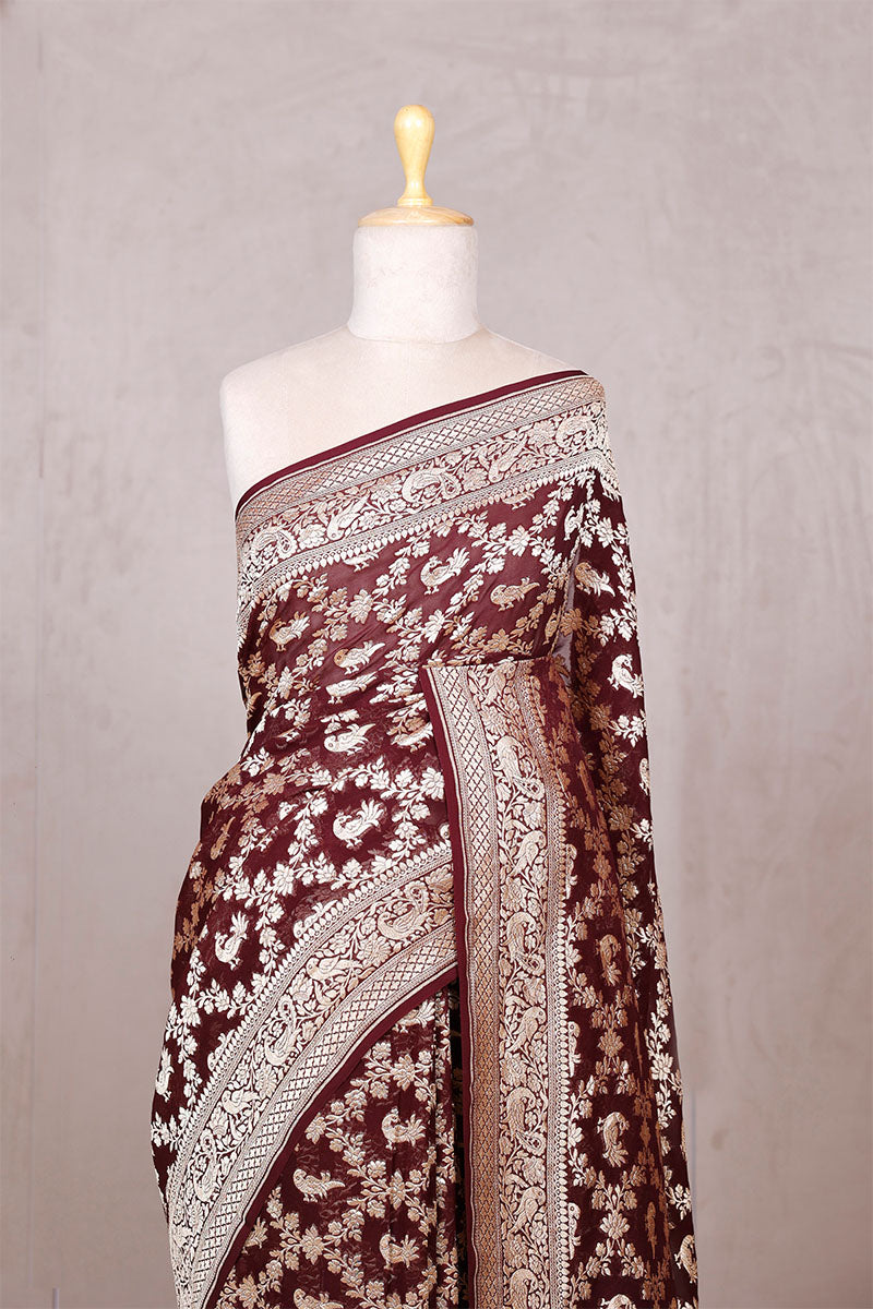 Coffee Brown Georgette Khaddi Saree with Mayur Floral Work