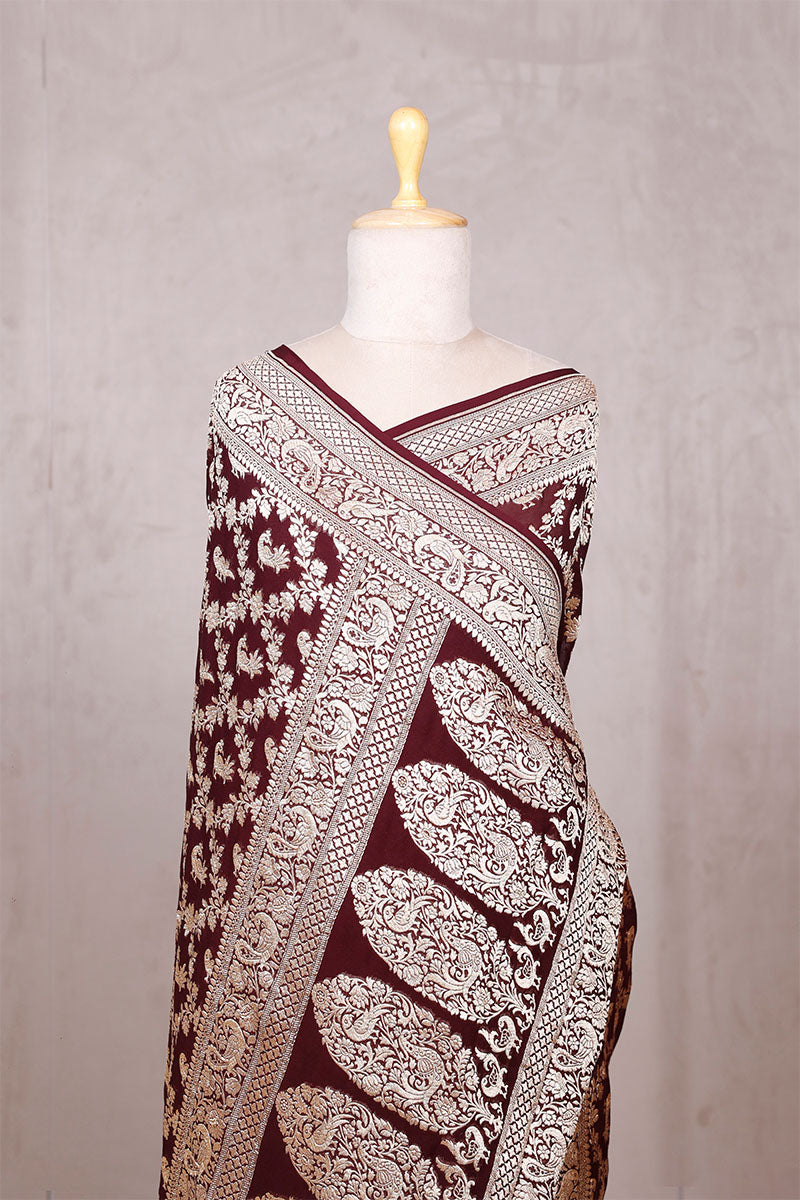 Coffee Brown Georgette Khaddi Saree with Mayur Floral Work