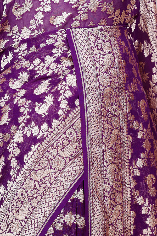 Purple Georgette Khaddi Saree with Mayur Floral Work