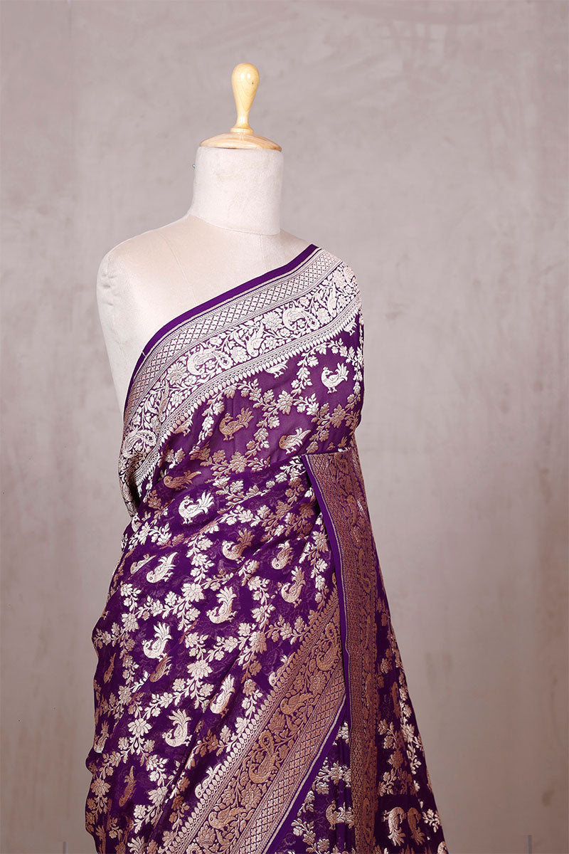 Purple Georgette Khaddi Saree with Mayur Floral Work