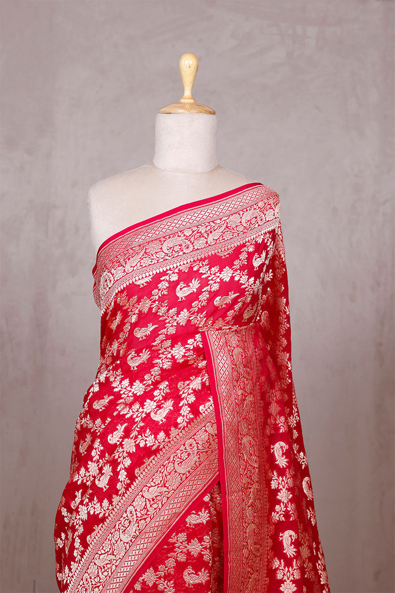 Pink Georgette Khaddi Saree with Mayur Floral Work