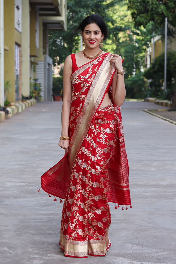 Alkananda Bodapaty In Cherry Red Banarasi Katan Silk Saree
