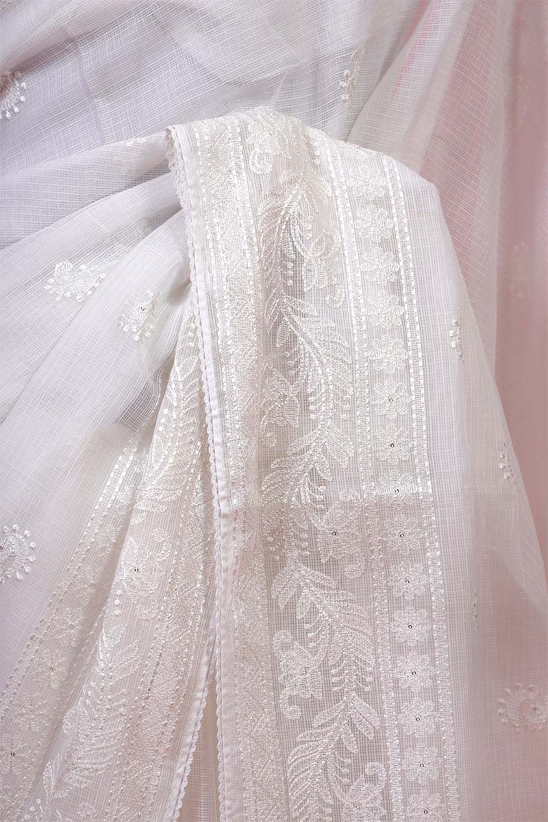 White Floral  Embroidered Kota Doria Saree