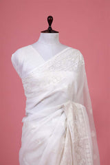 White Floral  Embroidered Kota Doria Saree