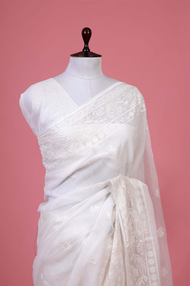 White Floral  Embroidered Kota Doria Saree