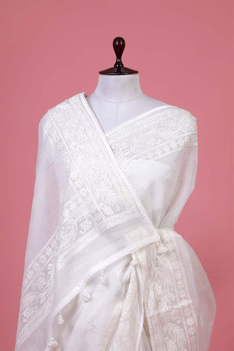 White Floral  Embroidered Kota Doria Saree