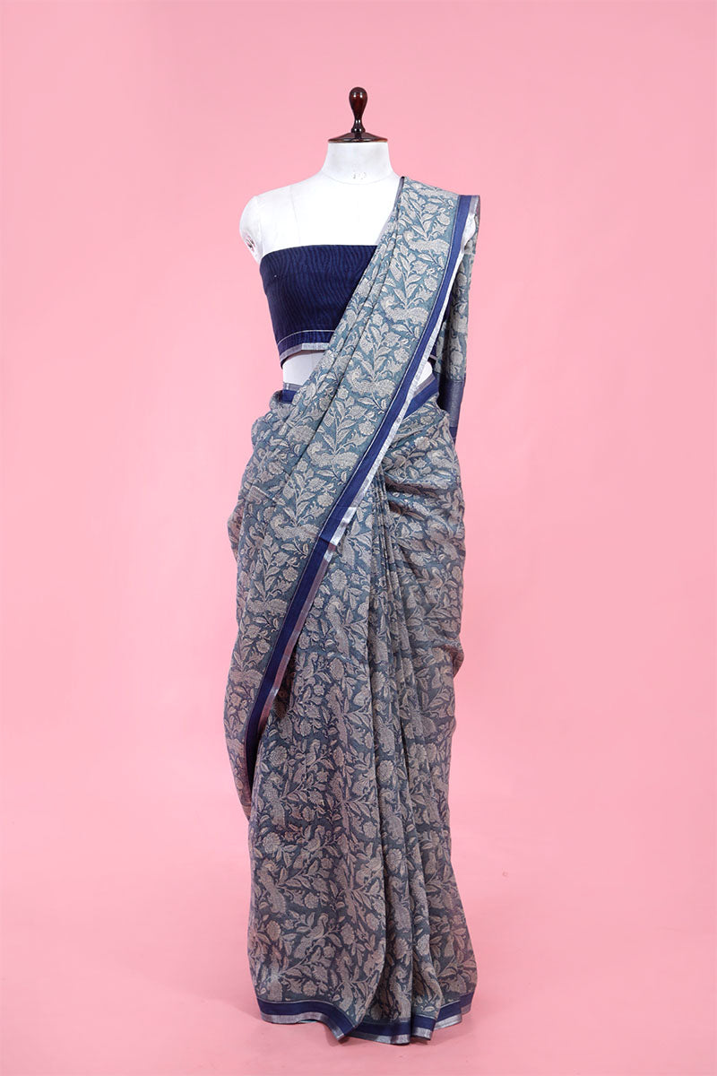 Buy Blue Block Printed Linen Saree Online