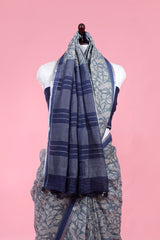 Indigo Blue Block Printed Linen Saree